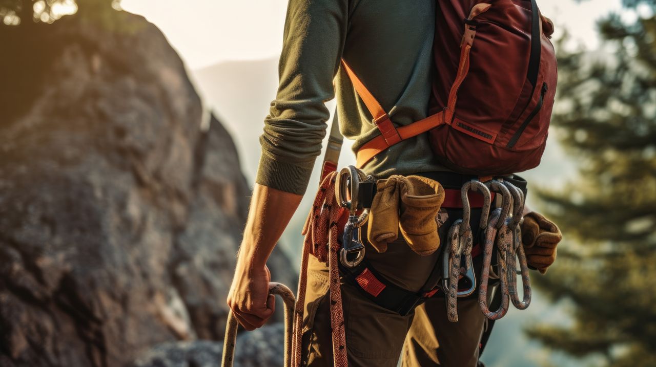 Mann steht mit seiner Kletterausrüstung bei Abendsonne auf einem Berg und hält ein Kletterseil in der Hand
