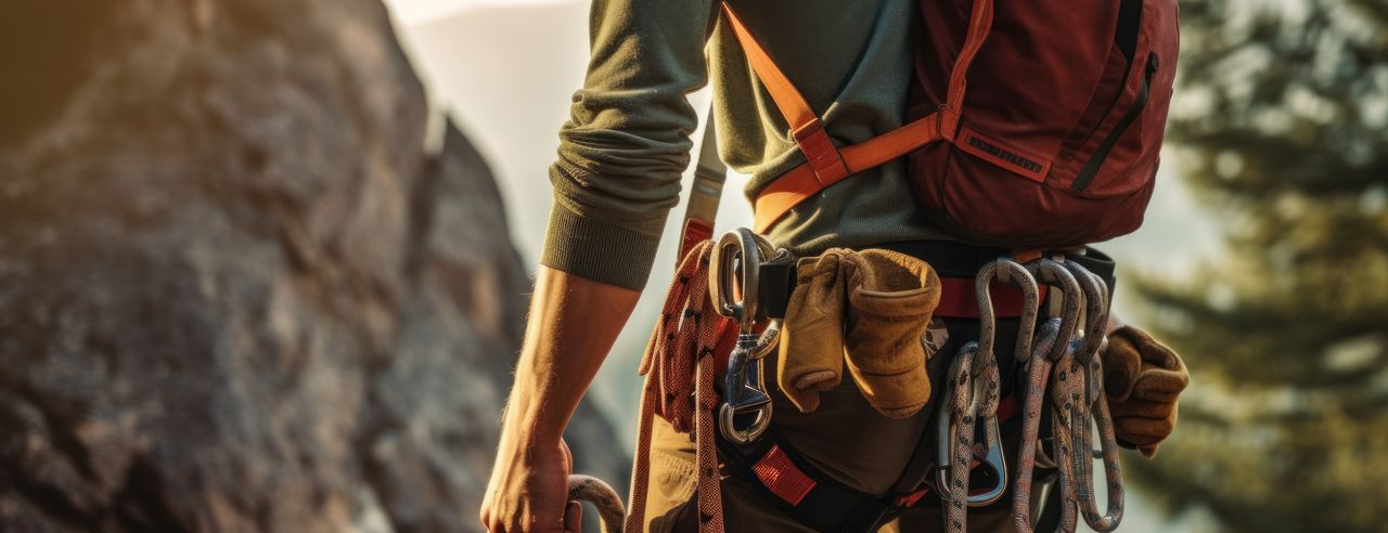 Mann steht mit seiner Kletterausrüstung bei Abendsonne auf einem Berg und hält ein Kletterseil in der Hand