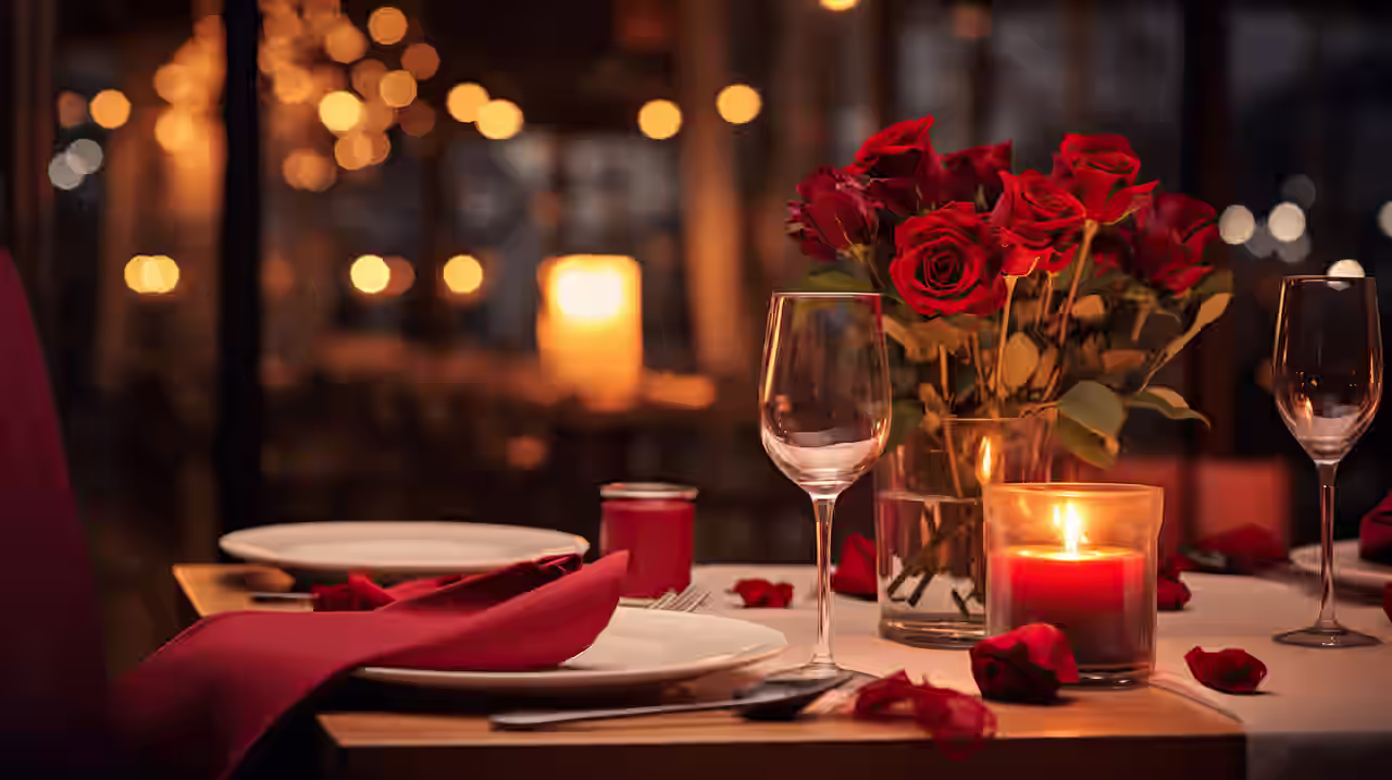 Ein gedeckter Tisch mit Kerzenschein und Rosen.