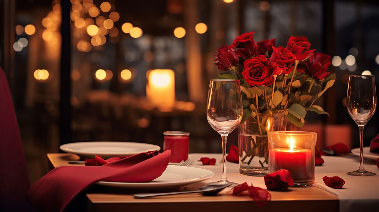 Ein gedeckter Tisch mit Kerzenschein und Rosen.