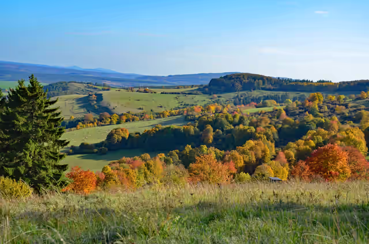 Blick auf die weite Hügellandschaft der Rhön im Herbst