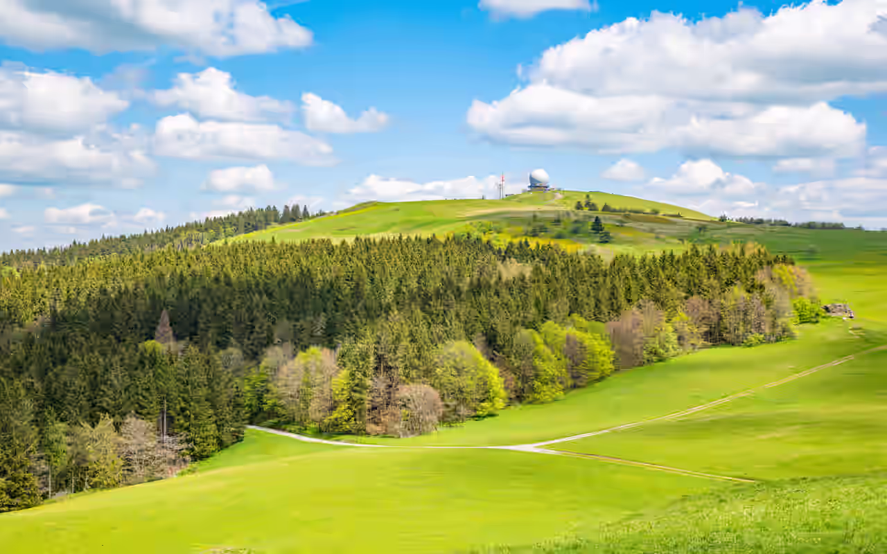 Blick auf den Berg Wasserkuppe in der Röhn mit in der Sonne grün leuchtenden Wiesen und Wäldern und der weißen ehemaligen Radarkuppel "Radom"