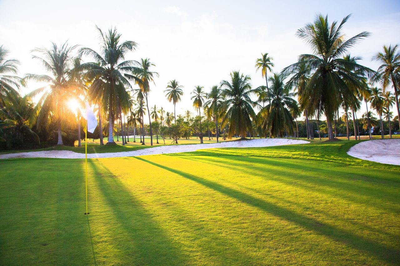 Golfplatz mit Bäumen und Hotel im Hintergrund