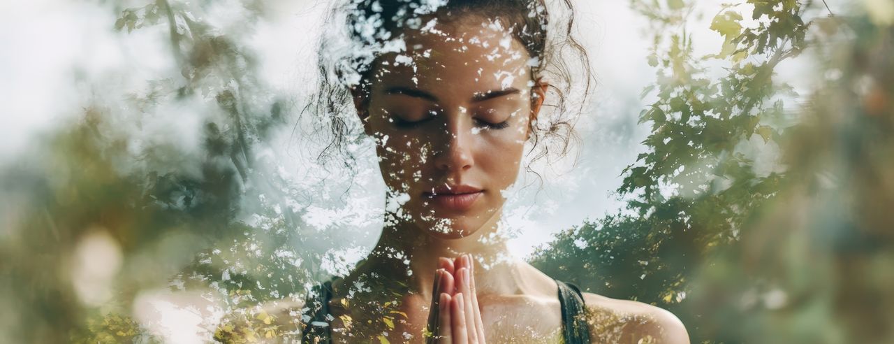 Eine Frau in Yoga Pose hat die Augen geschlossen und die Hände gefaltet