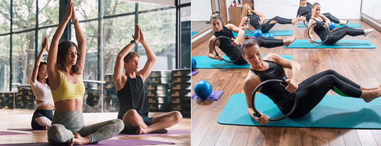 Gegenüberstellung eines Yoga- und eines Pilates-Kurses