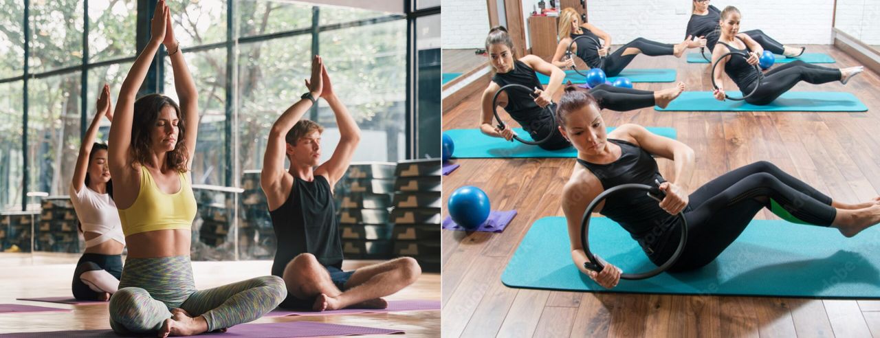 Gegenüberstellung eines Yoga- und eines Pilates-Kurses