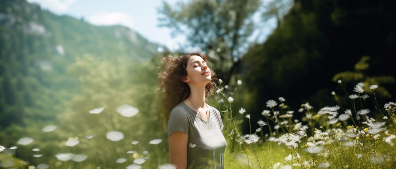 Eine Frau atmet in der Natur tief durch