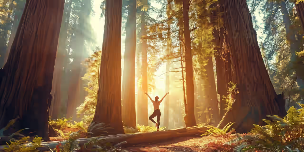 Eine Frau praktiziert Yoga im Teutoburger Wald zwischen den Bäumen bei Sonnenaufgang