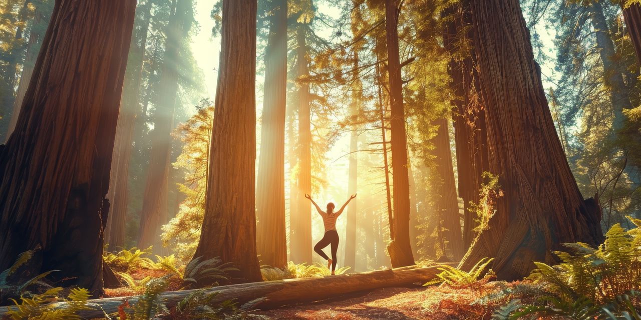 Eine Frau praktiziert Yoga im Teutoburger Wald zwischen den Bäumen bei Sonnenaufgang
