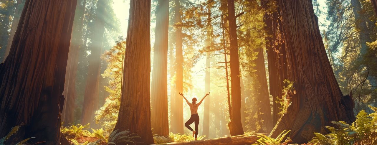Eine Frau praktiziert Yoga im Teutoburger Wald zwischen den Bäumen bei Sonnenaufgang