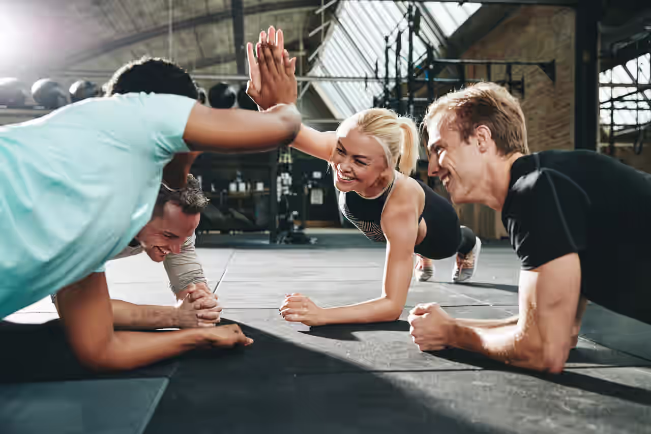 Yoga und Fitness; Gruppe plankt