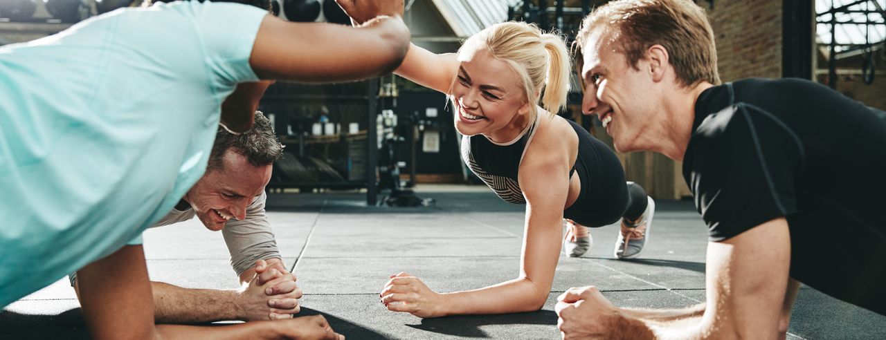 Yoga und Fitness; Gruppe plankt