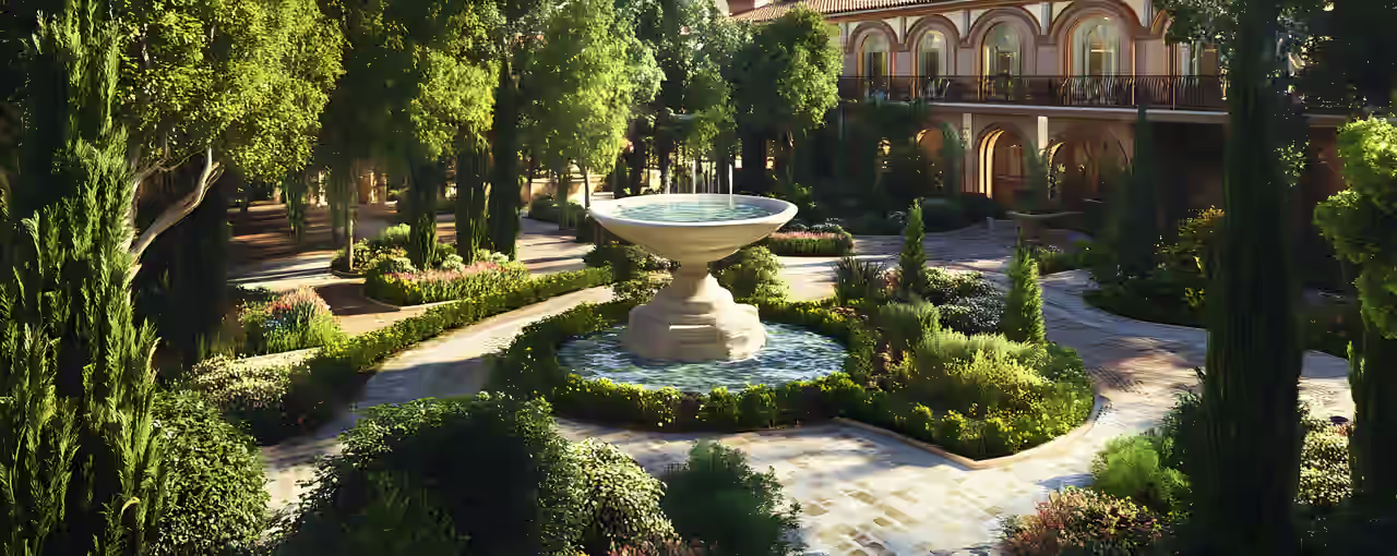 Schön angelegter Garten eines Schlosshotels