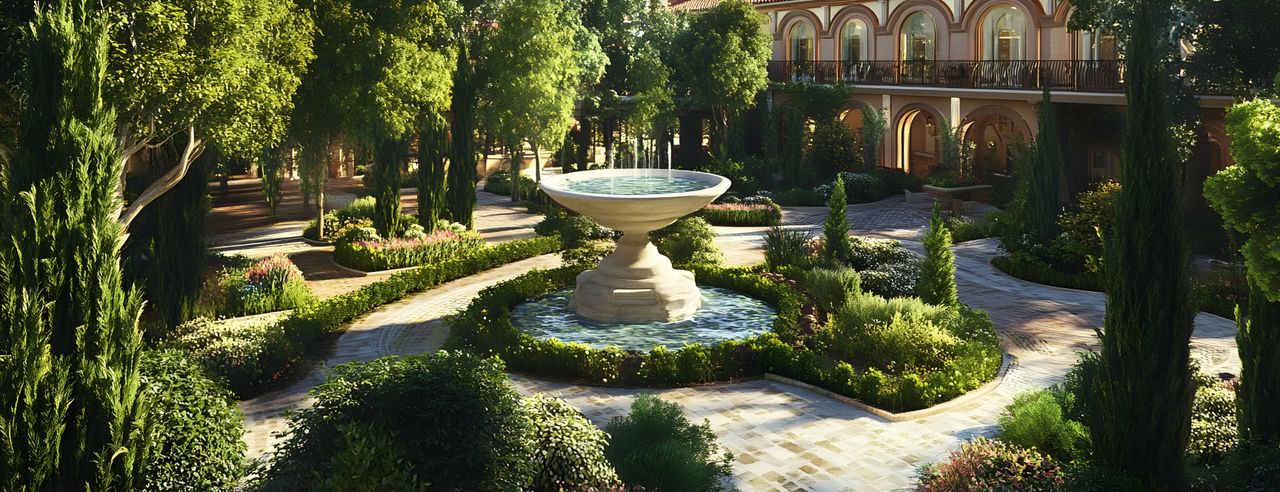 Schön angelegter Garten eines Schlosshotels