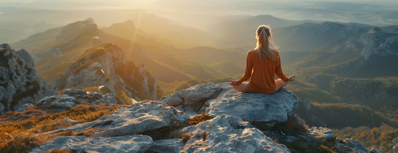 Eine Frau im Schneidersitz auf einem Felsen sitzend mit Blick ins Tal.