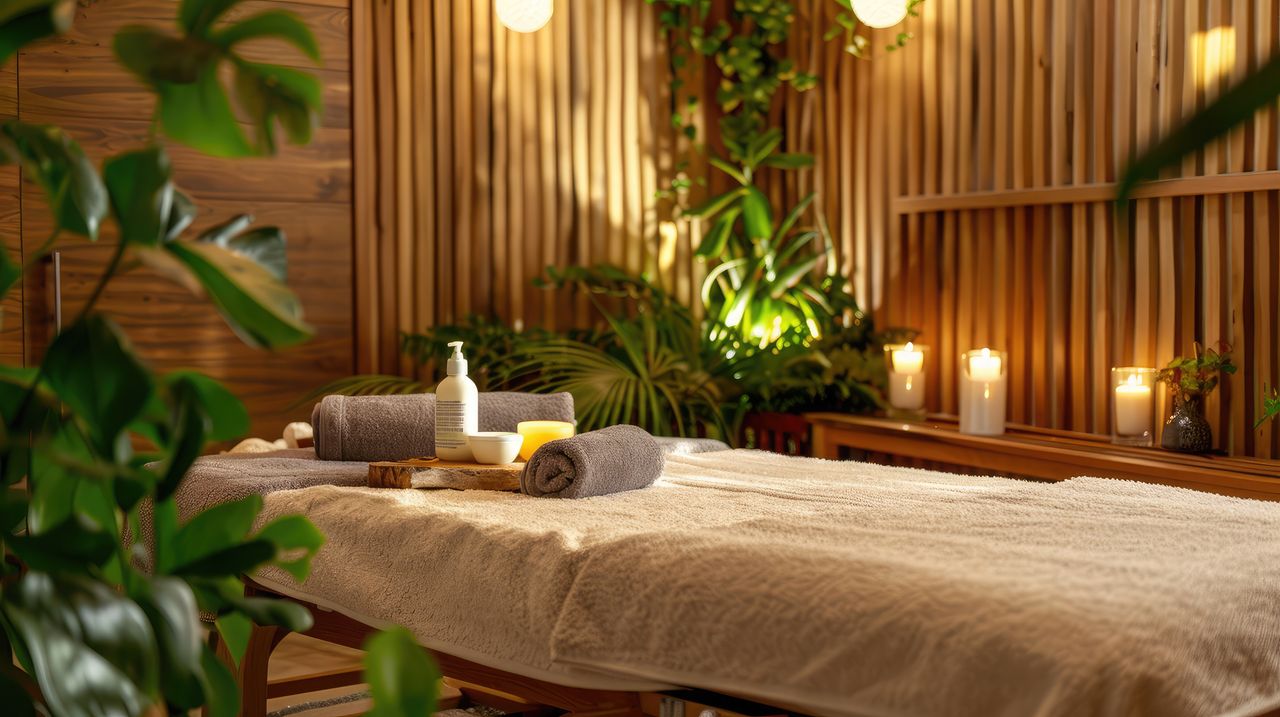 Gemütlicher Wellnessraum mit einer Massageliege, umgeben von Kerzenlicht, grünen Pflanzen und einer warmen Holzoptik für eine entspannende Atmosphäre.