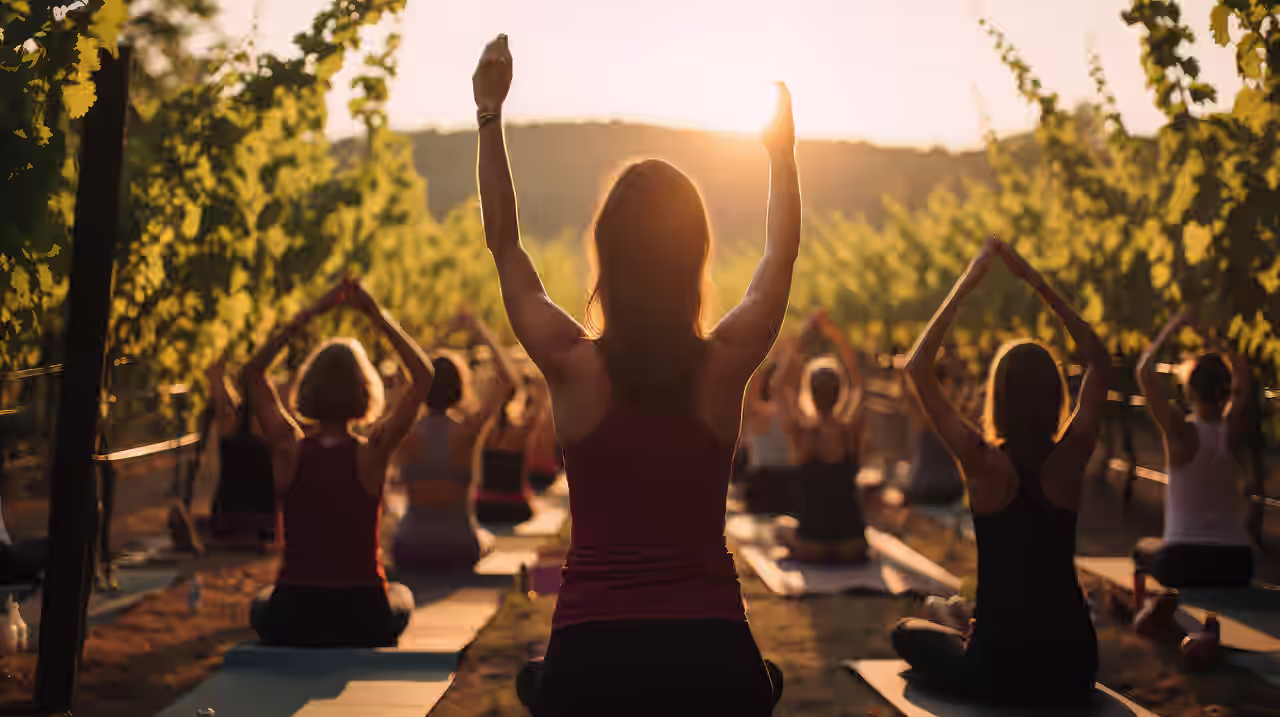 Eine Yoga Gruppe praktiziert Yoga in den Weinbergen der Pfalz