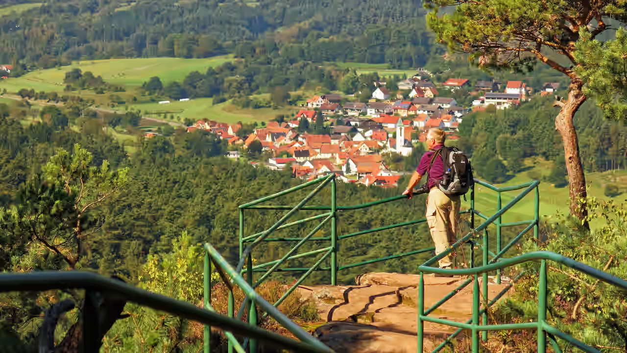 Ein Wanderer auf einer Aussichtsplattform im Pfälzer Wald