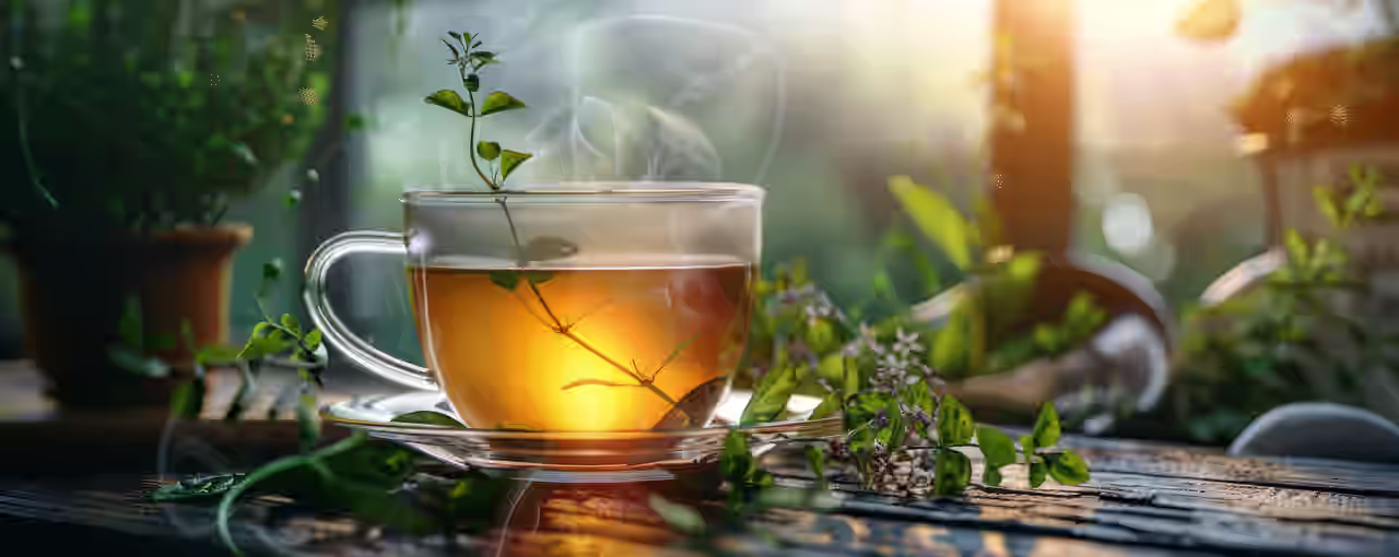 Eine Tasse dampfender Tee mit Kräutern steht auf dem Tische