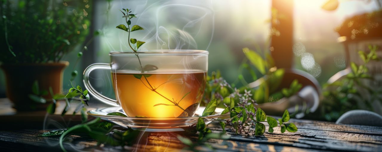 Eine Tasse dampfender Tee mit Kräutern steht auf dem Tische