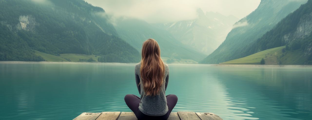 Eine Frau sitzt auf einem Steg und schaut in völliger Stille in die Weite der Natur