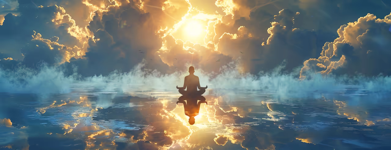 Sagoma di uno yogi con scena di nuvole e sole a specchio