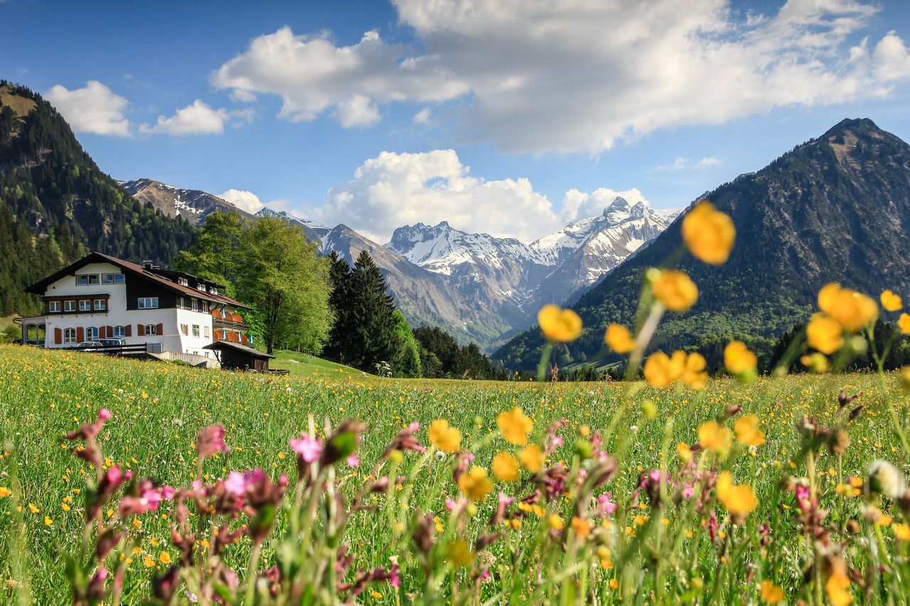 Ein Hotel inmitten von Bergen, Wiesen und Wäldern