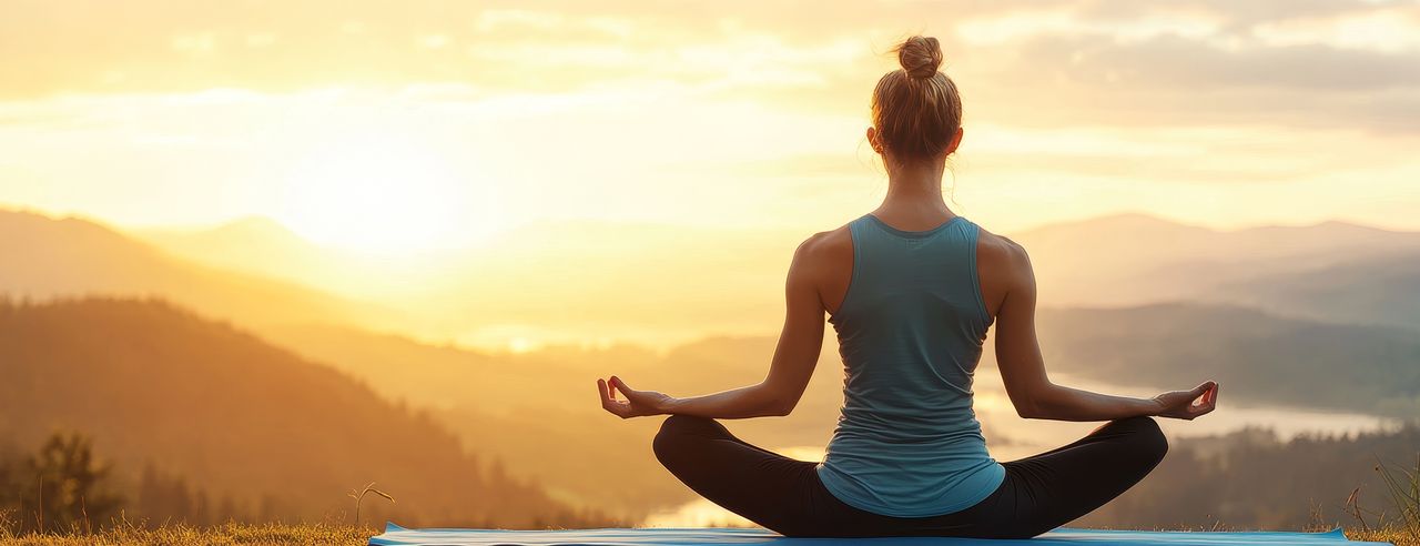 Une femme est assise en tailleur sur un tapis de yoga et médite en direction d'un lever ou d'un coucher de soleil dans un pittoresque paysage de montagne. 