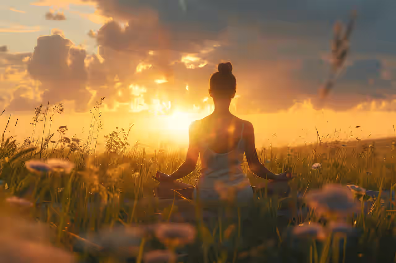 Eine Frau praktiziert Yoga in der Rhön auf einer Wiese in traumhafter Natur