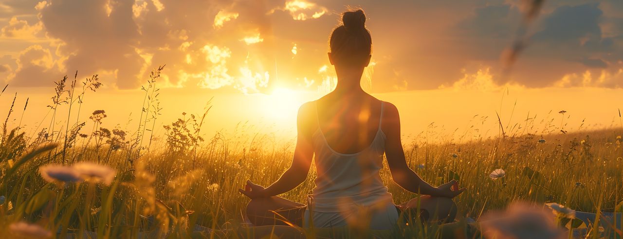 Eine Frau praktiziert Yoga in der Rhön auf einer Wiese in traumhafter Natur