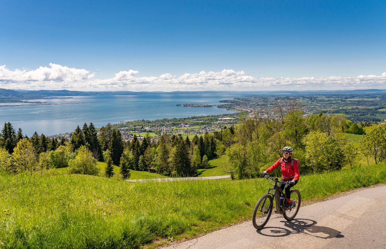 Frau auf einem Fahrrad und im Hintergrund Blick auf Wälder und Fluss
