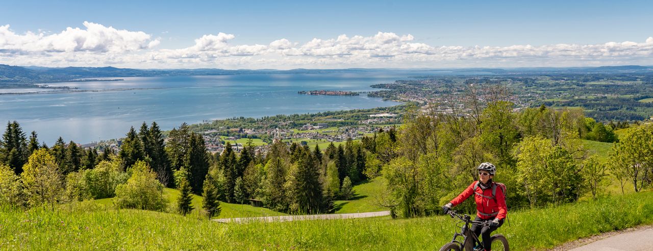 Frau auf einem Fahrrad und im Hintergrund Blick auf Wälder und Fluss