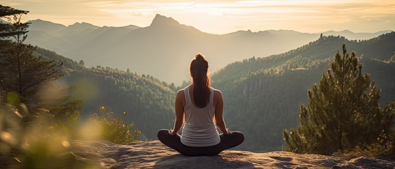 Im Thüringer Wald sitzt eine Frau, die man von hinten sieht, im Lotus Sitz und genießt den Anblick der Natur im Yoga Urlaub.