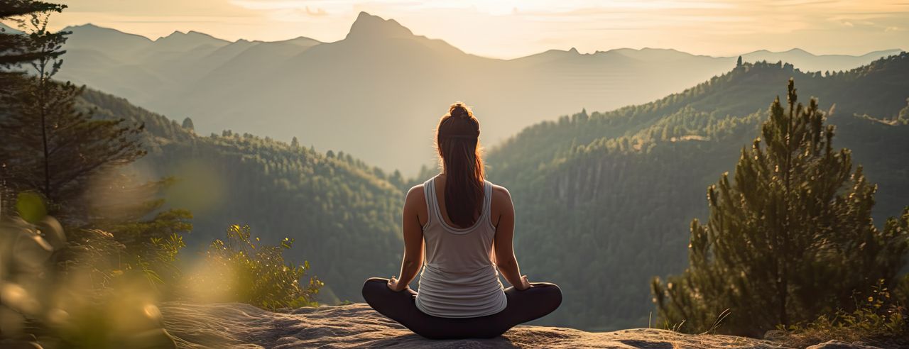 Im Thüringer Wald sitzt eine Frau, die man von hinten sieht, im Lotus Sitz und genießt den Anblick der Natur im Yoga Urlaub.