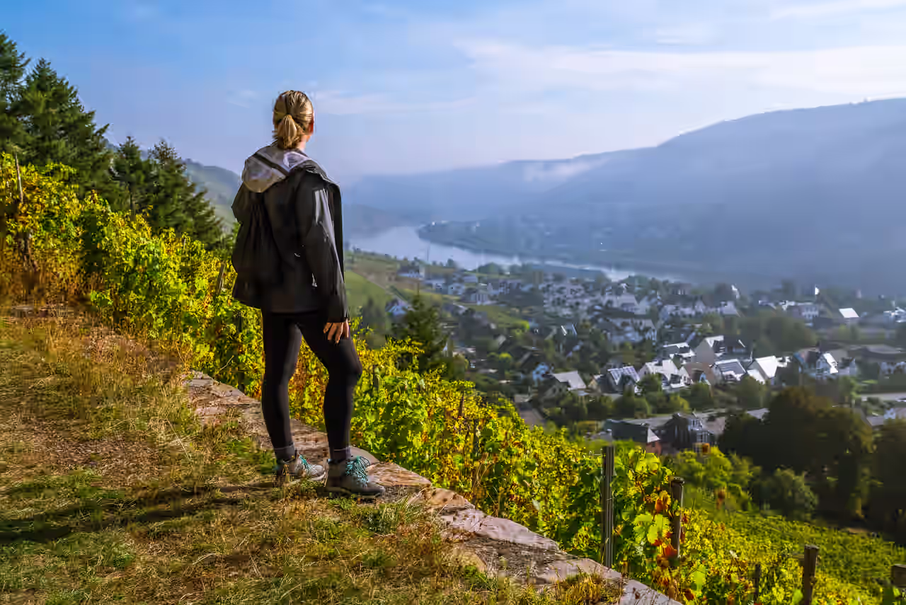 Frau in sportlicher Kleidung steht auf einem Weinberg und blickt auf eine Ortschaft an der Mosel