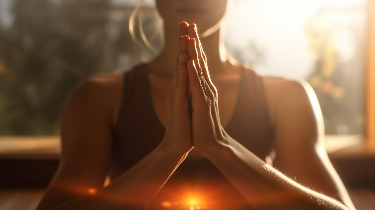 Eine übt Kriya Yoga bei Sonnenaufgang an einem See