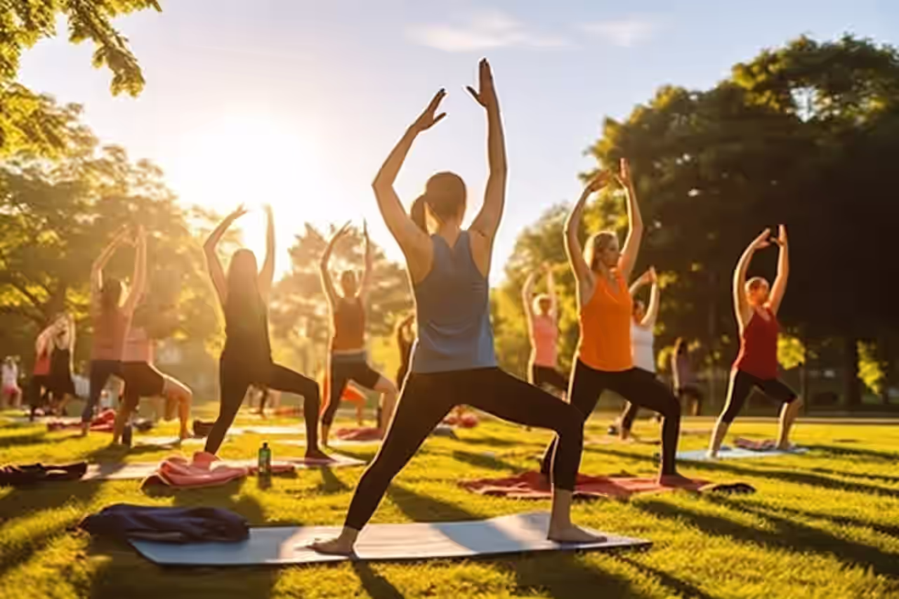 Eine Yogalehrerin unterrichtet eine Yoga Gruppe