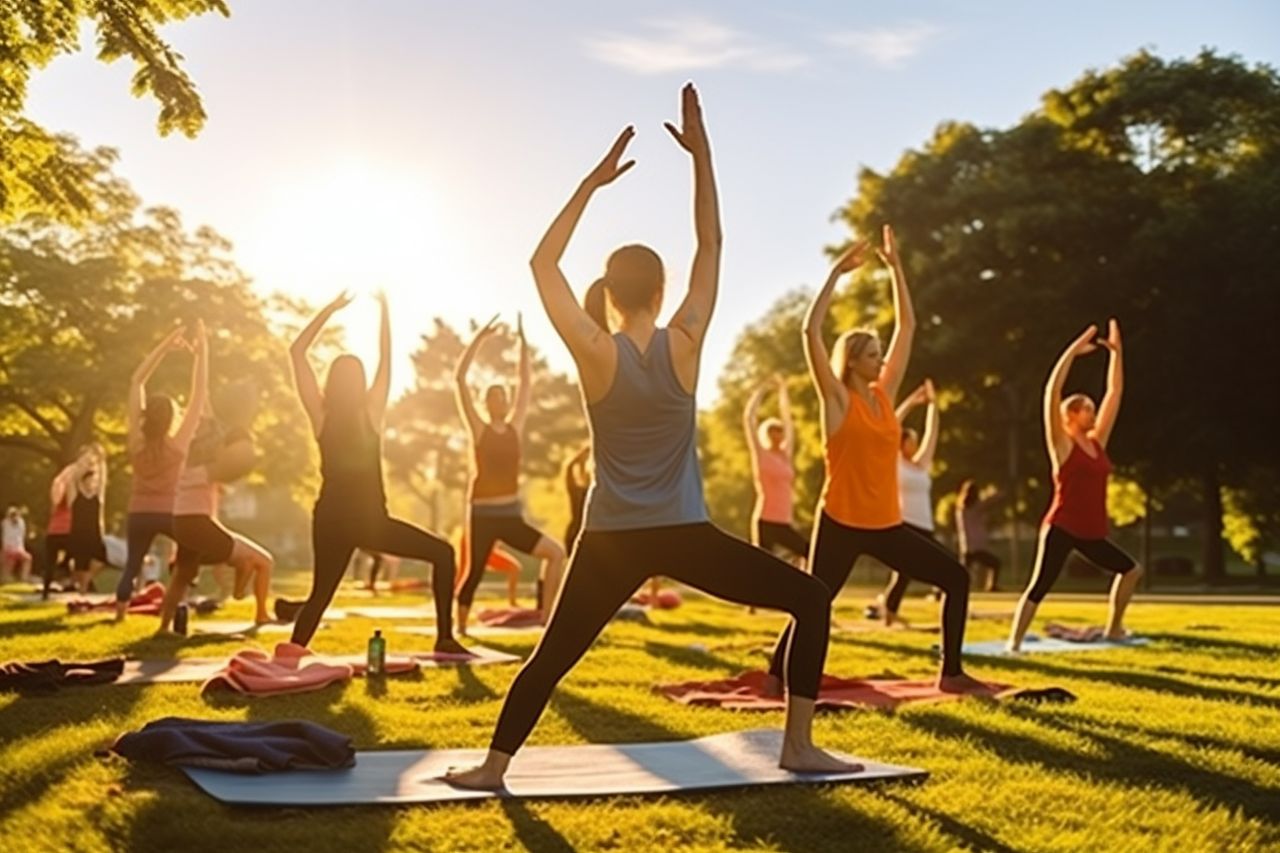 Eine Yogalehrerin unterrichtet eine Yoga Gruppe