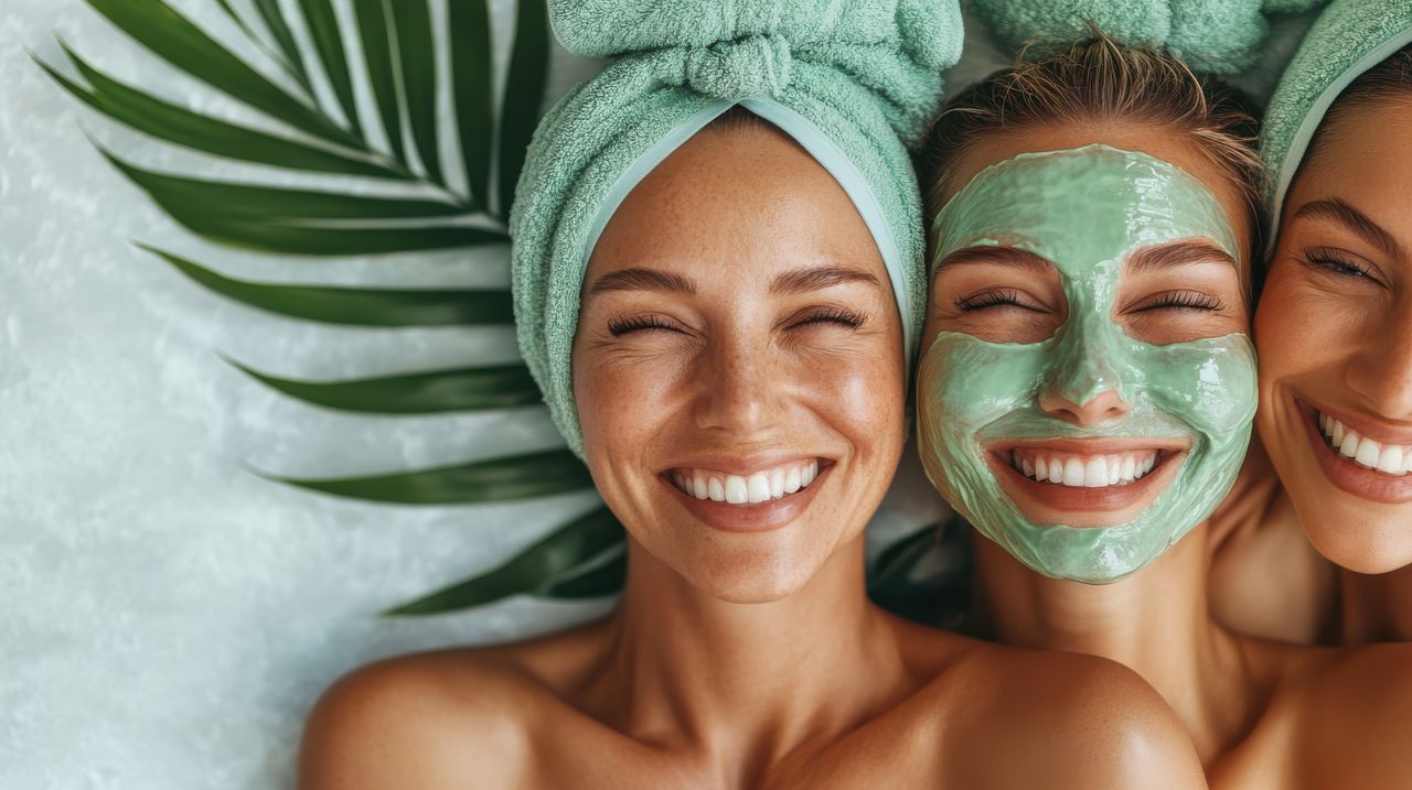 Drei Frauen im Wellnesshotel in Deutschland. Eine von ihnen trägt eine mintfarbende Gesichtmaske.