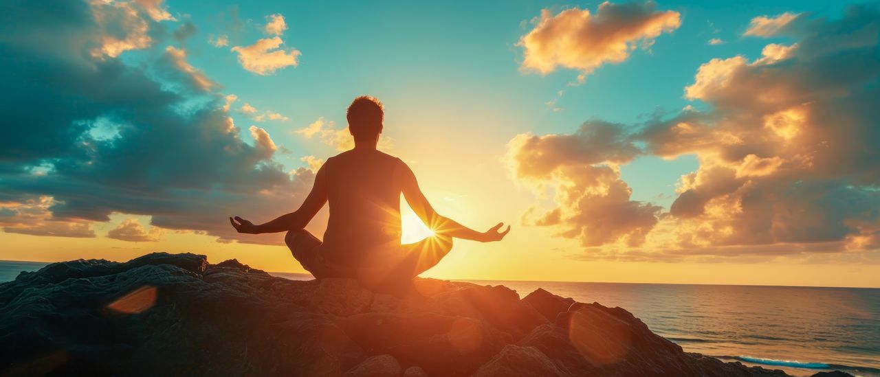 Ein Mann in Yoga Pose mit Blick auf das Meer während der Yoga Wochenend Reise auf Mallorca