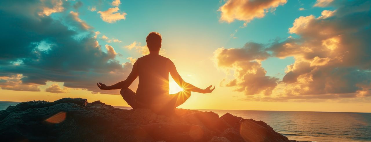 Ein Mann in Yoga Pose mit Blick auf das Meer während der Yoga Wochenend Reise auf Mallorca