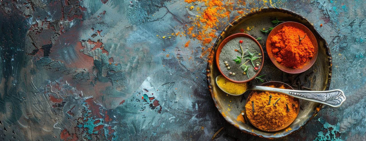 Op een turquoise tafel staat een dienblad met grijze, rode en gele kruiden.