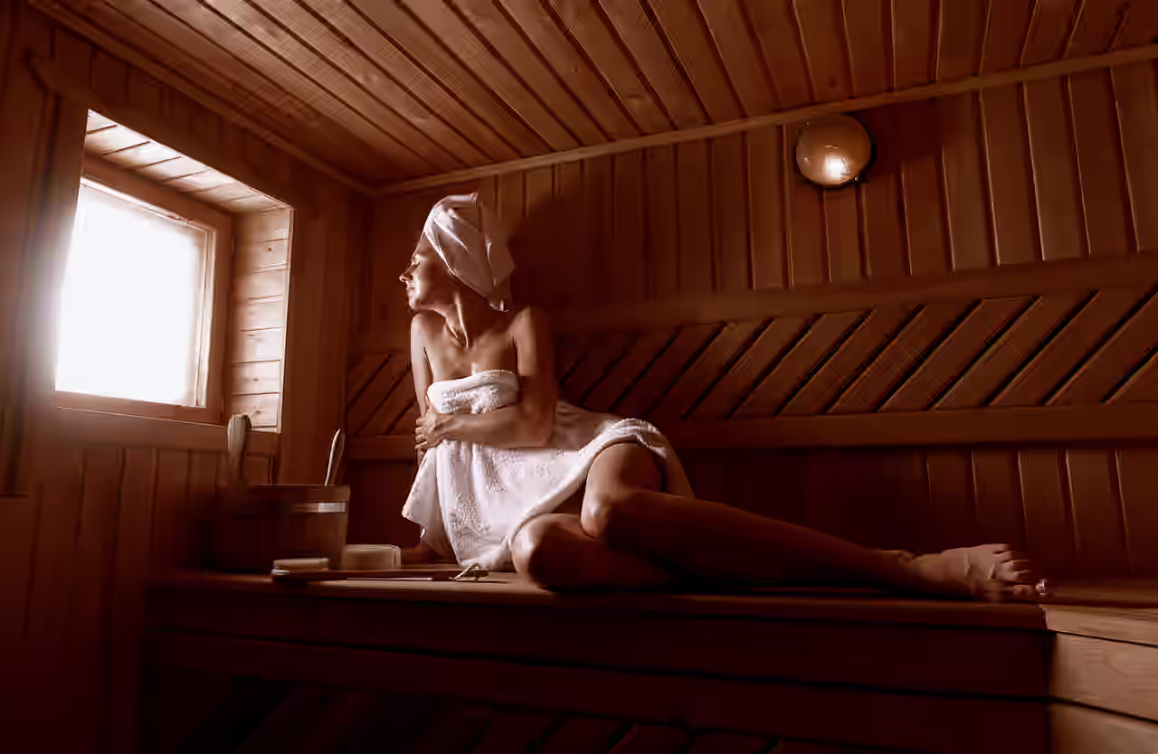 Eine Frau sitzt mit weißem Handtuch bekleidet in einer Sauna und hat ihren Blick durch ein kleines Fenster nach außen gerichtet. Vor ihr stehen ein Holzeimer und eine Holzbürste.