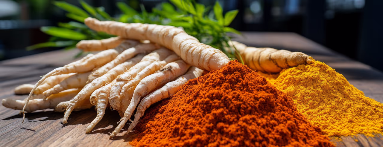 Raíces de ashwaganda en la mesa con especia de cúrcuma