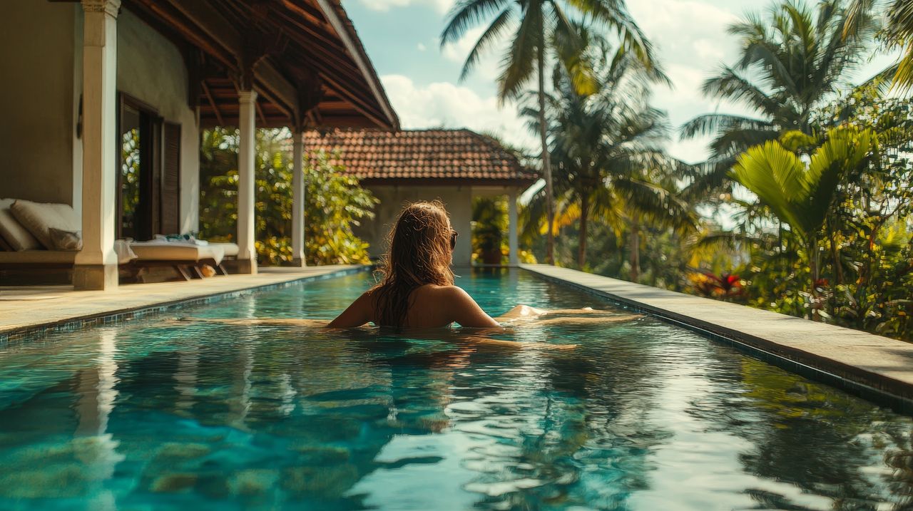 Eine Frau im Infinity Pool in Sri Lanka im Luxusurlaub