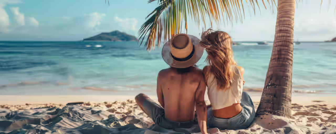 Ein Paar sitzt unter einer Palme am Strand in ihren Flitterwochen