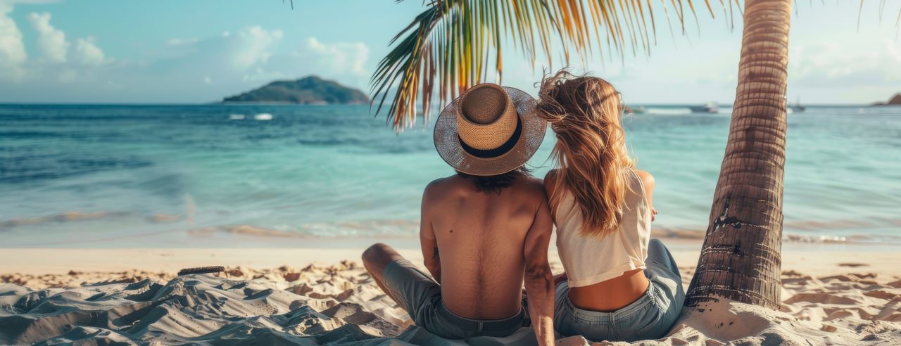 Ein Paar sitzt unter einer Palme am Strand in ihren Flitterwochen