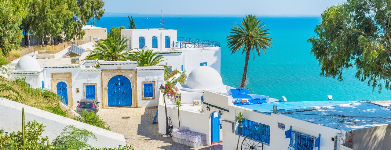 Małe domy w Tunezji z morzem w tle