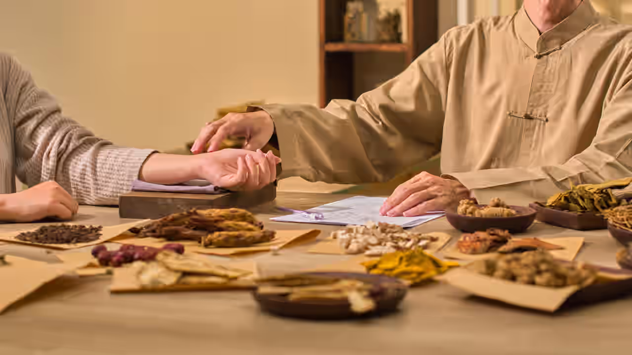 Ein Ayurveda Spezialisten führt eine Pulsdiagnose bei einer Frau durch