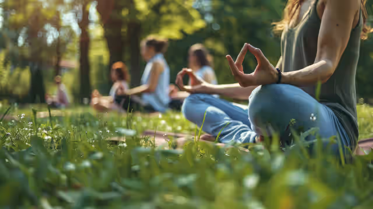 Mehre Frauen meditieren gemeinsam im Yoga Urlaub über das Wochenende in Franken